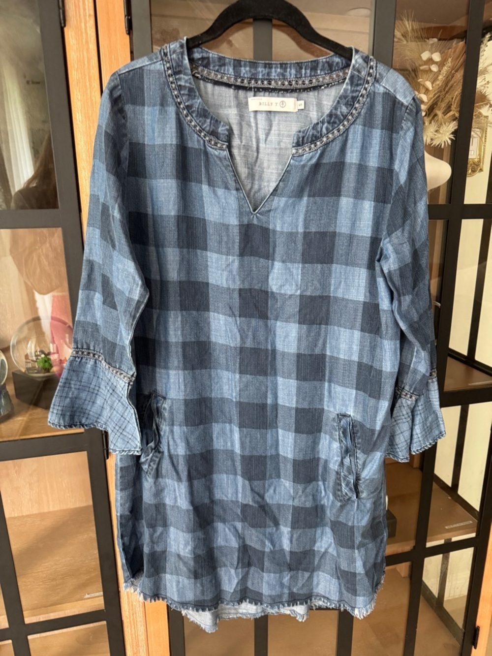 Billy T chambray dress buffalo plaid checkered denim shirt long bell sleeves